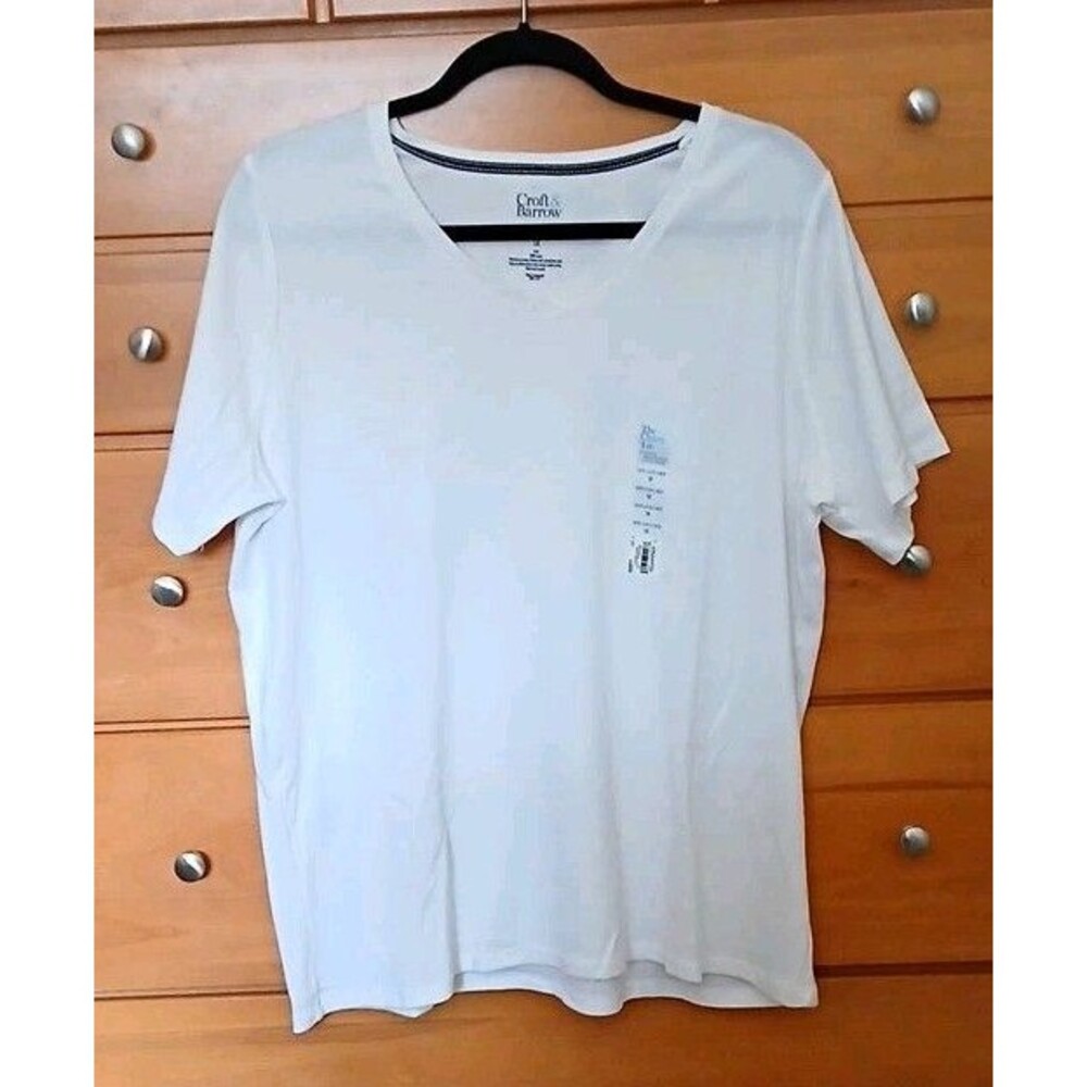 Croft & Barrow Womens 1X White V-Neck Short Sleeve Cotton Knit Basic Tee Top